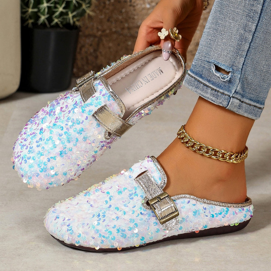 Sparkling Sequin Buckle Slip-On Loafers in Black with sequins