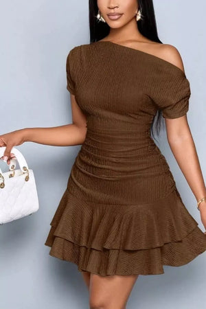 Brown one-shoulder tiered ruffle dress with ruched waist and short sleeves.
