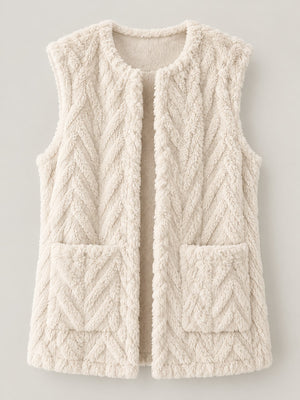 Sherpa Open Front Vest Coat in Light Gray with pocketed