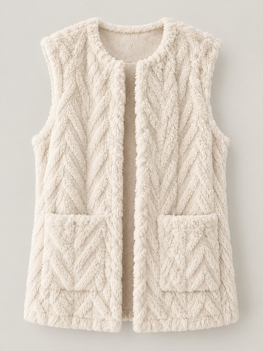 Sherpa Open Front Vest Coat in Light Gray with pocketed