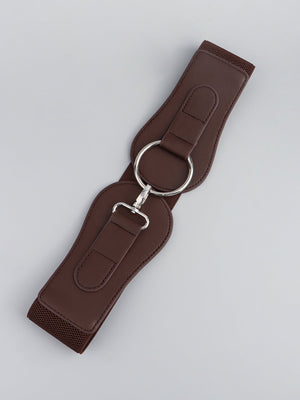 Brown elastic cincher belt with sculpted faux leather panels and silver ring buckle detail.