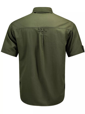Men's moss green cotton short sleeve shirt with back pleat and loop detail.