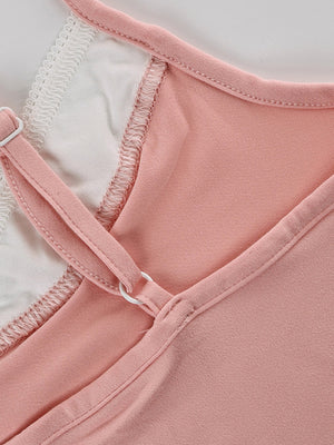 Pink lace trim cami lounge top with adjustable straps and white lace detail.