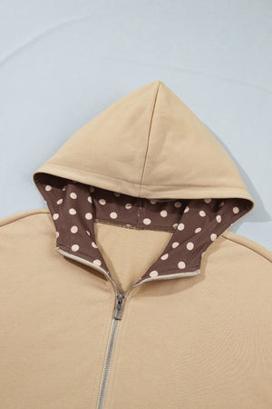 zip hoodie in Camel with polka dot and pocketed