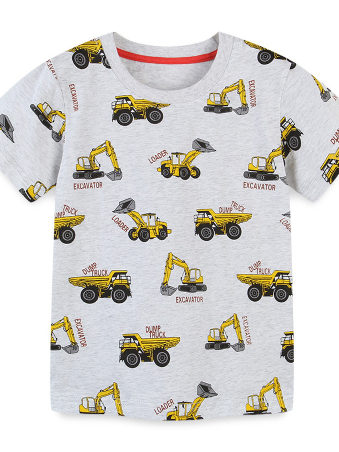 Toddler t-shirt in light grey cotton with allover yellow construction vehicles print and red neckline trim.