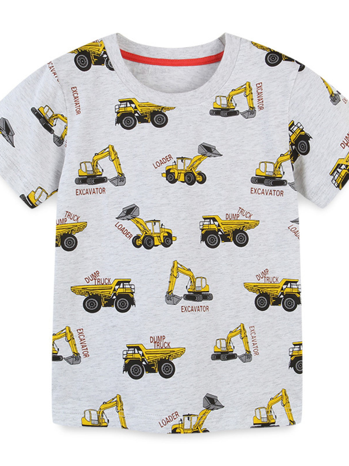 Toddler t-shirt in light grey cotton with allover yellow construction vehicles print and red neckline trim.