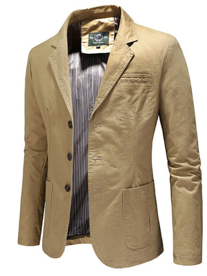 Casual slim fit cotton blazer in khaki with striped lining and button front.