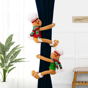 Gingerbread man curtain tiebacks in red and green, with chef hats and scarves.