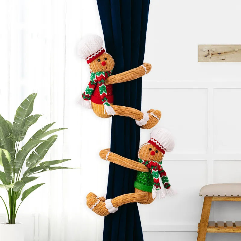 Gingerbread man curtain tiebacks in red and green, with chef hats and scarves.