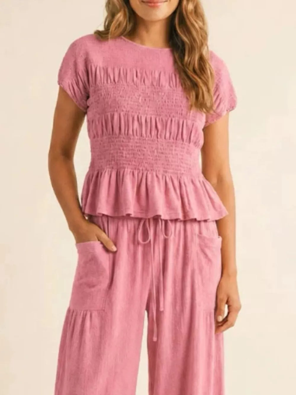 Grey Smocked Peplum Top And Wide-leg Pants Set