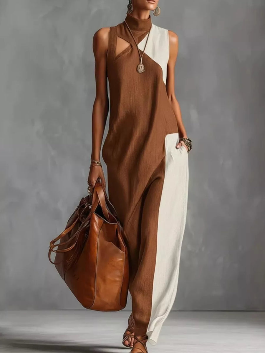 Color Block Mock Neck Sleeveless Maxi Dress Plus Size in Caramel