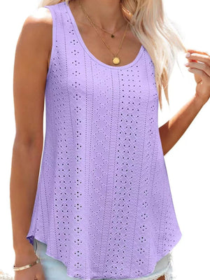 Lavender eyelet scoop neck tank top with intricate patterns.
