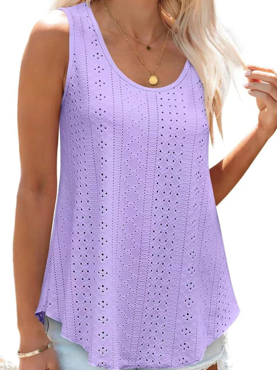 Lavender eyelet scoop neck tank top with intricate patterns.