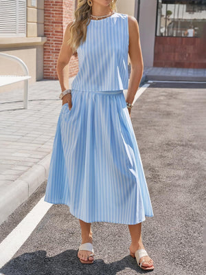 Sky blue striped sleeveless top and midi skirt set with pockets