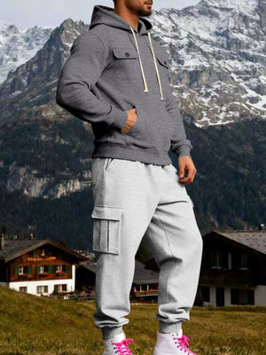 Men's Kangaroo Pocket Hoodie & Sweatpants Set in Gray with pocketed