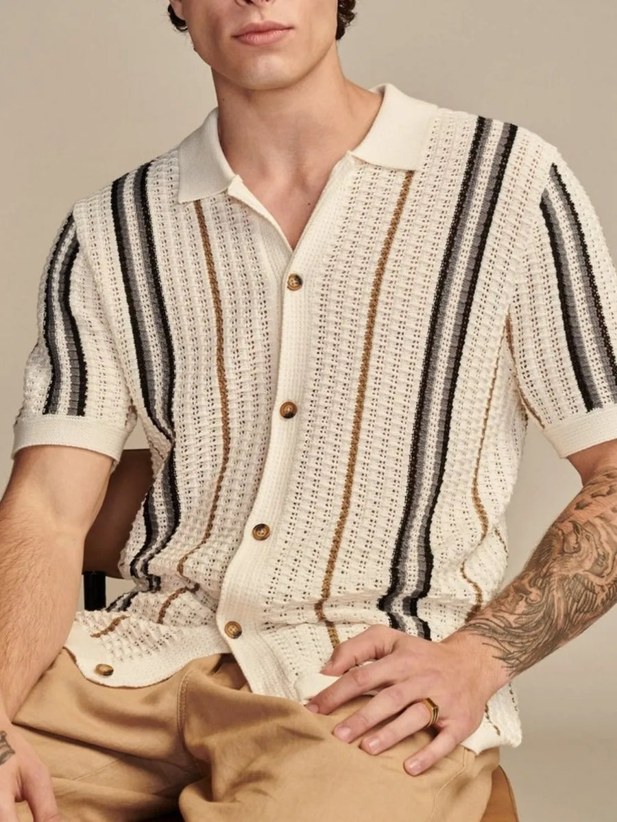 Textured stripe knit polo shirt in beige with short sleeves and button front.