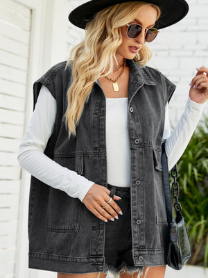 Dark denim utility vest with oversized pockets and collared neckline.