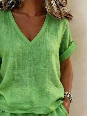 Khaki relaxed lounge set with v-neck