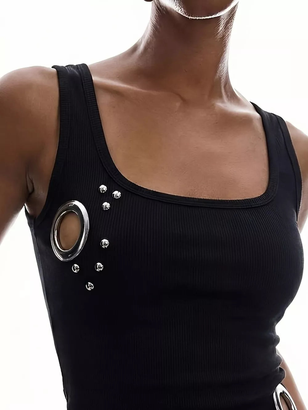 100% polyester Care instructions: Machine wash cold tank top in Black with fitted silhouette
