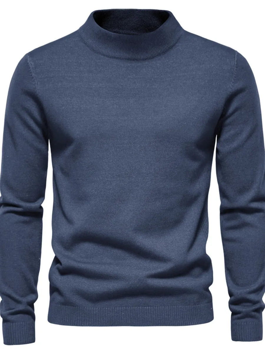 Men's Dusty Blue ribbed mock neck sweater with sculpted shoulders.