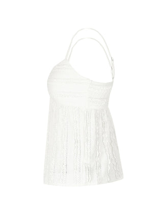White lace cami top with sweetheart neckline and textured detail.
