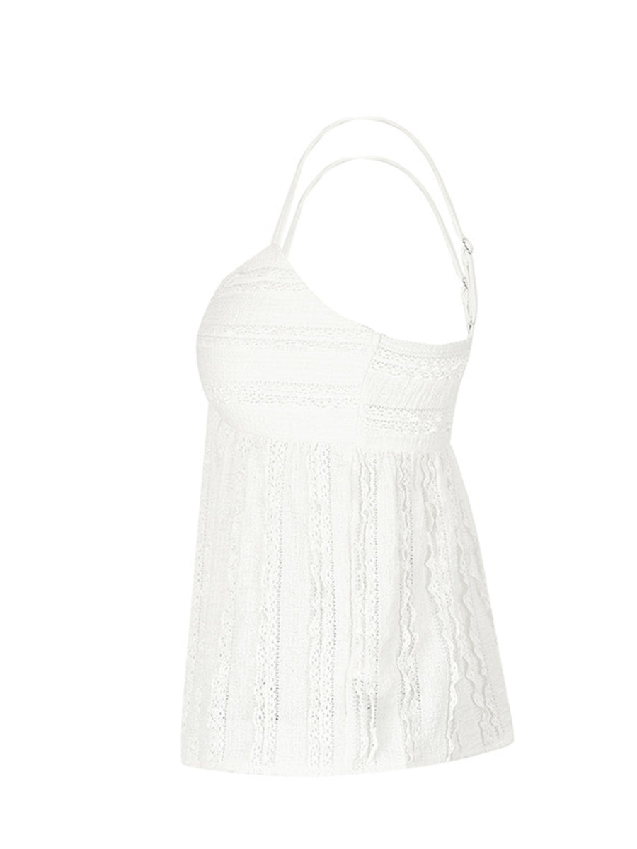 White lace cami top with sweetheart neckline and textured detail.