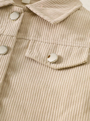 Tan corduroy button-up jacket with silver buttons and chest pockets.