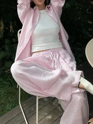 Apricot with Button Up Shirt And Drawstring Pants Set