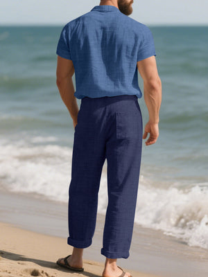 Men's Casual Button-up Shirt And Pants Set Plus Size in Navy Blue