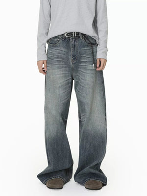 Men's wide leg denim jeans in washed blue with a relaxed fit and gradient fade.