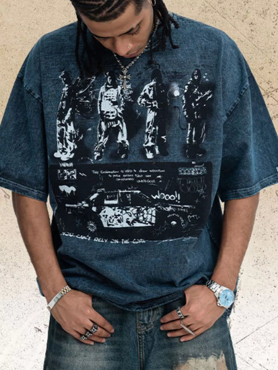Men's distressed dark gray cotton crew neck t-shirt with graphic print.