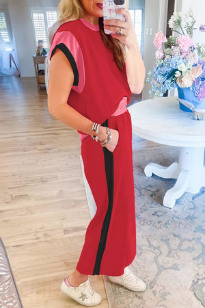 Red two-piece tee and pants set with pink and black accents, featuring side stripe pants.
