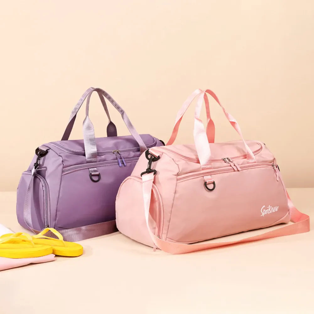 Mauve and Watermelon pink nylon duffle bags with mesh pocket and adjustable straps.