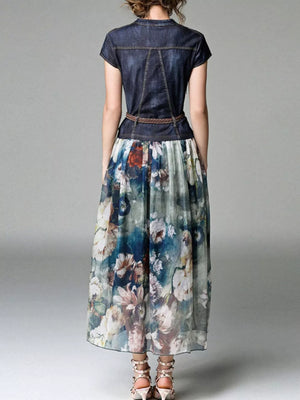 Patchwork floral chiffon maxi dress with denim top and braided belt.