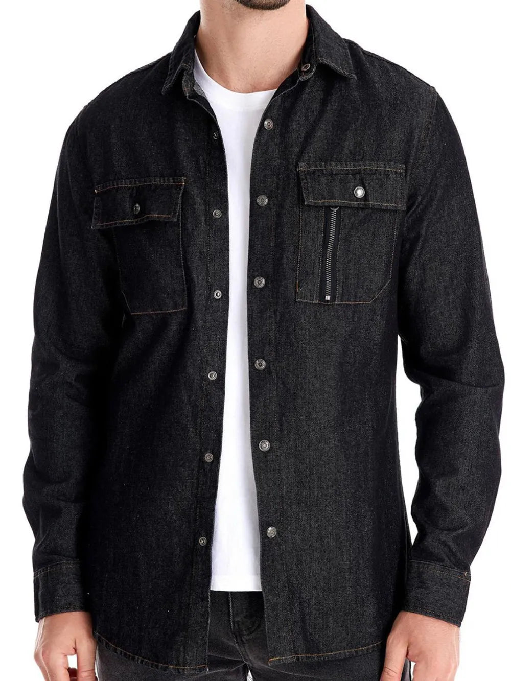 Black denim utility shirt with zip pocket and buttoned chest pockets.