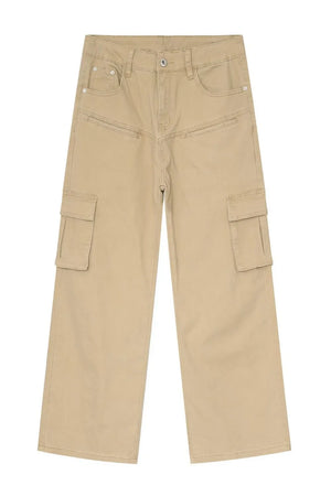 Khaki wide-leg utility cargo pants with multiple pockets and a relaxed fit.
