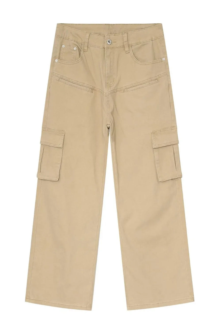 Khaki wide-leg utility cargo pants with multiple pockets and a relaxed fit.