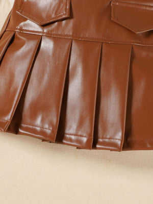 Toddler brown faux leather pleated skirt with pocket detail