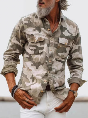 button-up shirt in Tan with camo and chest pockets