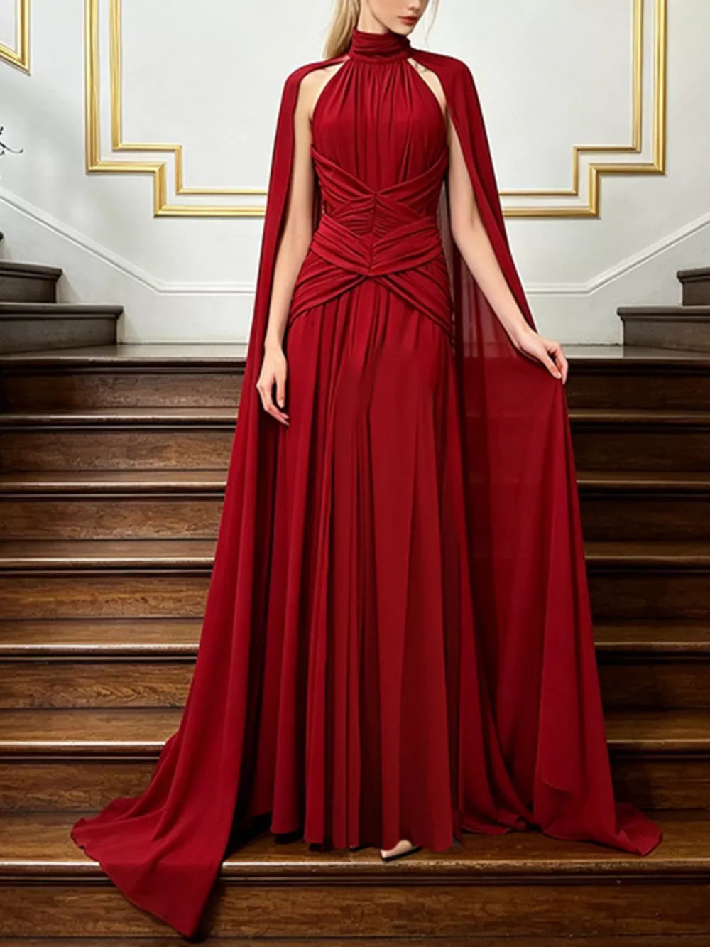 Red Ruched Halter Neck Cape Maxi Dress