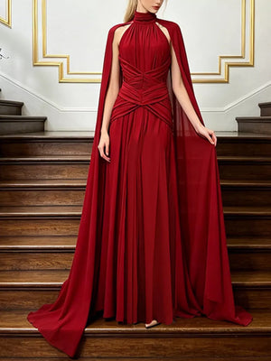 Red Ruched Halter Neck Cape Maxi Dress