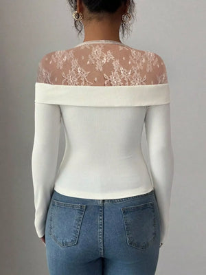 White long-sleeve bodysuit with off-the-shoulder neckline and sheer lace back detail