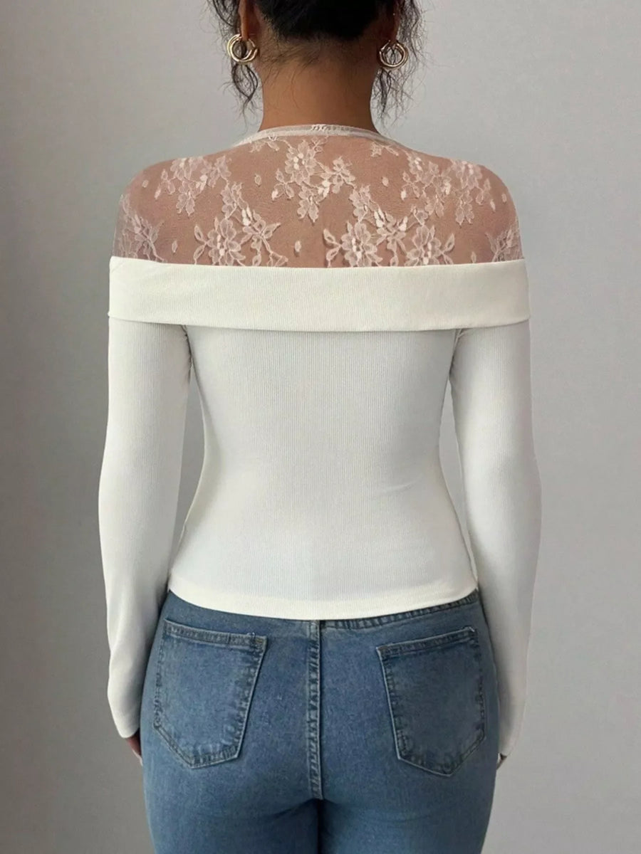 White long-sleeve bodysuit with off-the-shoulder neckline and sheer lace back detail