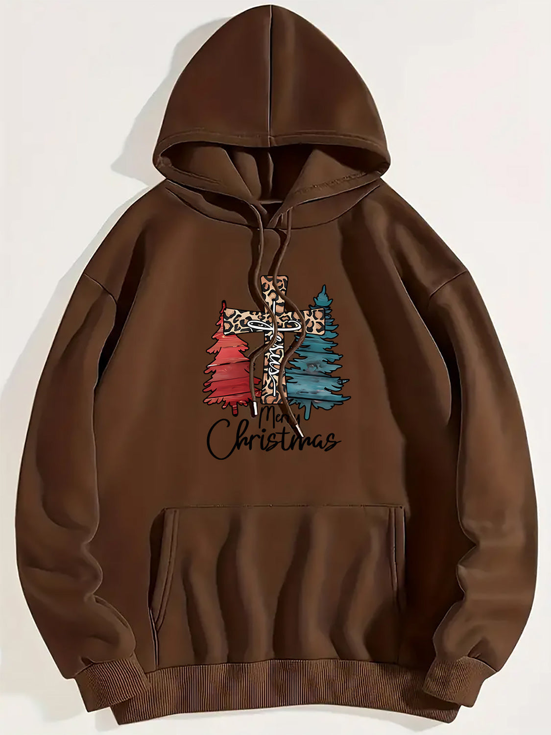 Chestnut hoodie with festive leopard cross and Christmas tree graphic