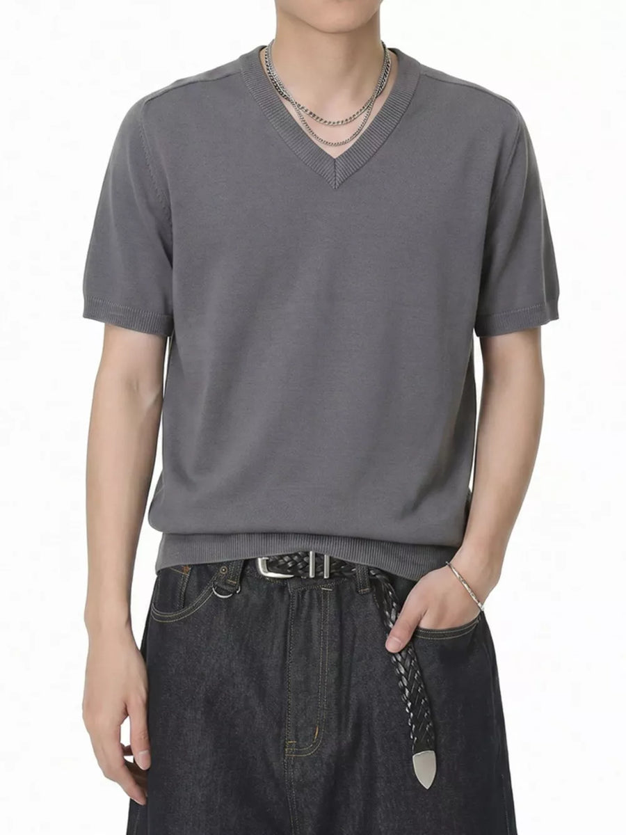 Men's light gray V-neck knit t-shirt with short sleeves and ribbed trim.