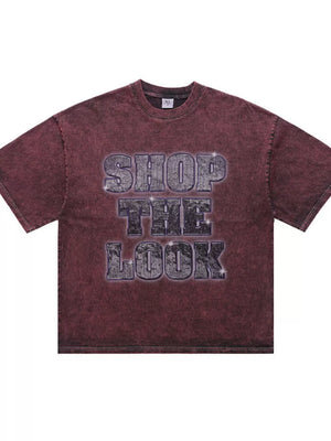 Burgundy acid-wash cotton t-shirt with "SHOP THE LOOK" graphic print