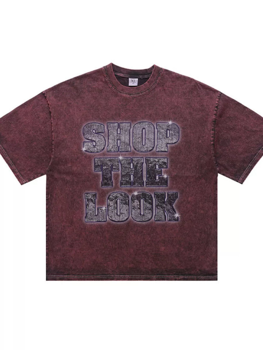 Burgundy acid-wash cotton t-shirt with "SHOP THE LOOK" graphic print