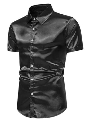 Men's black satin finish short sleeve button-up shirt with a spread collar.