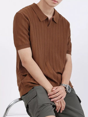 Men's brown ribbed knit short sleeve polo shirt with a V-neck collar.