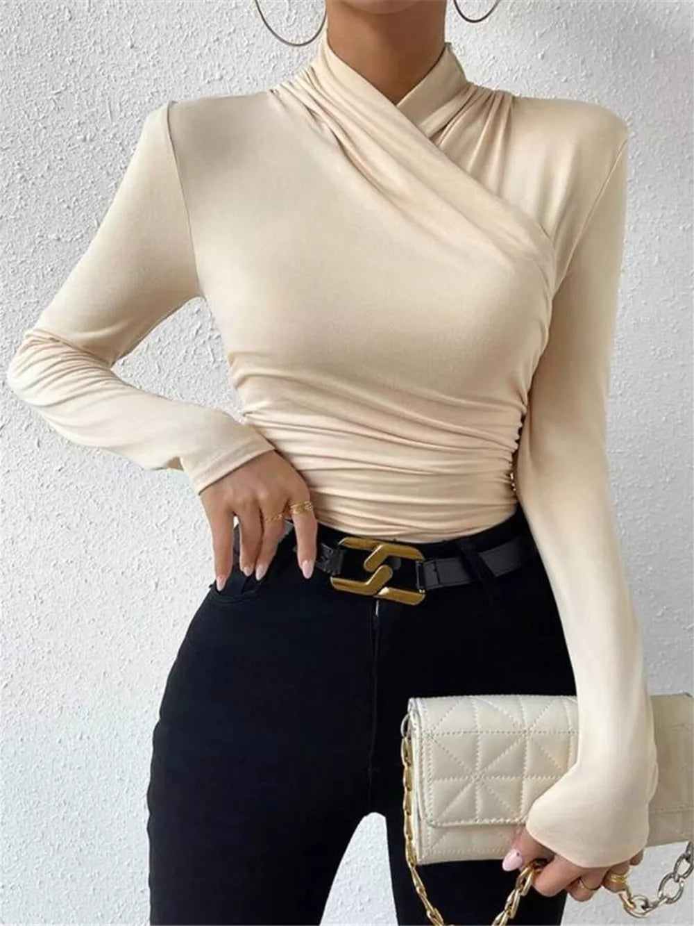 Apricot Ruched Long Sleeve Slim Fit Top